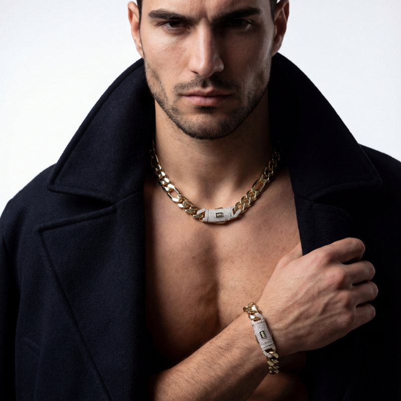 Men's Necklace- Monaco Chain FIGARO Pavé Lock