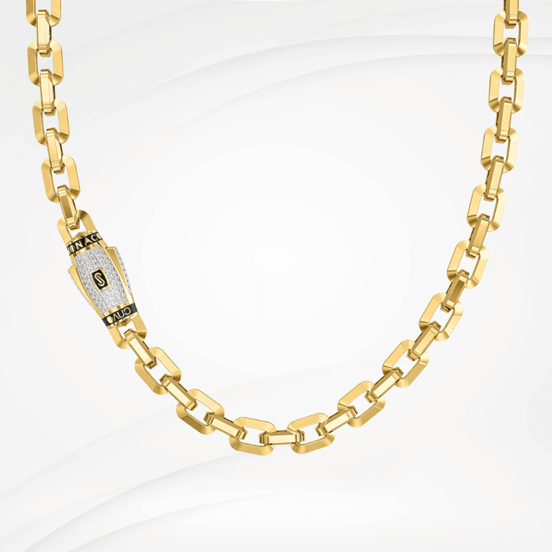 Monaco chain cavo pave lock necklaces, 10K and 14K yellow gold