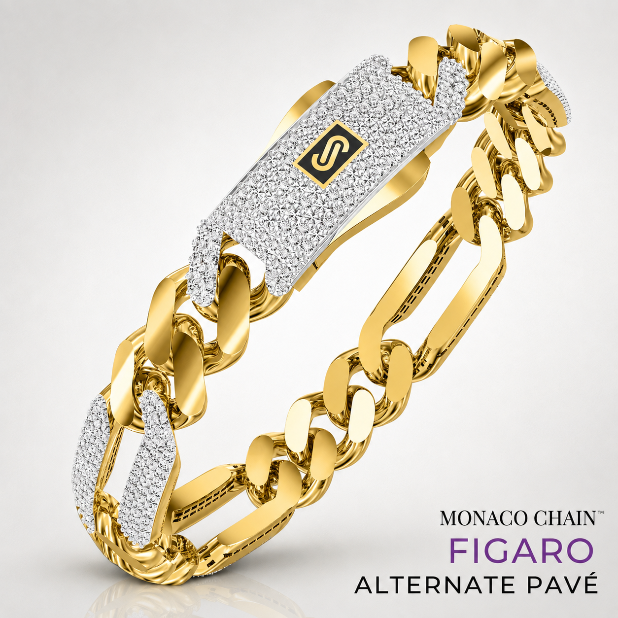 Women's Bracelet- Monaco Chain FIGARO Alternate Pavé