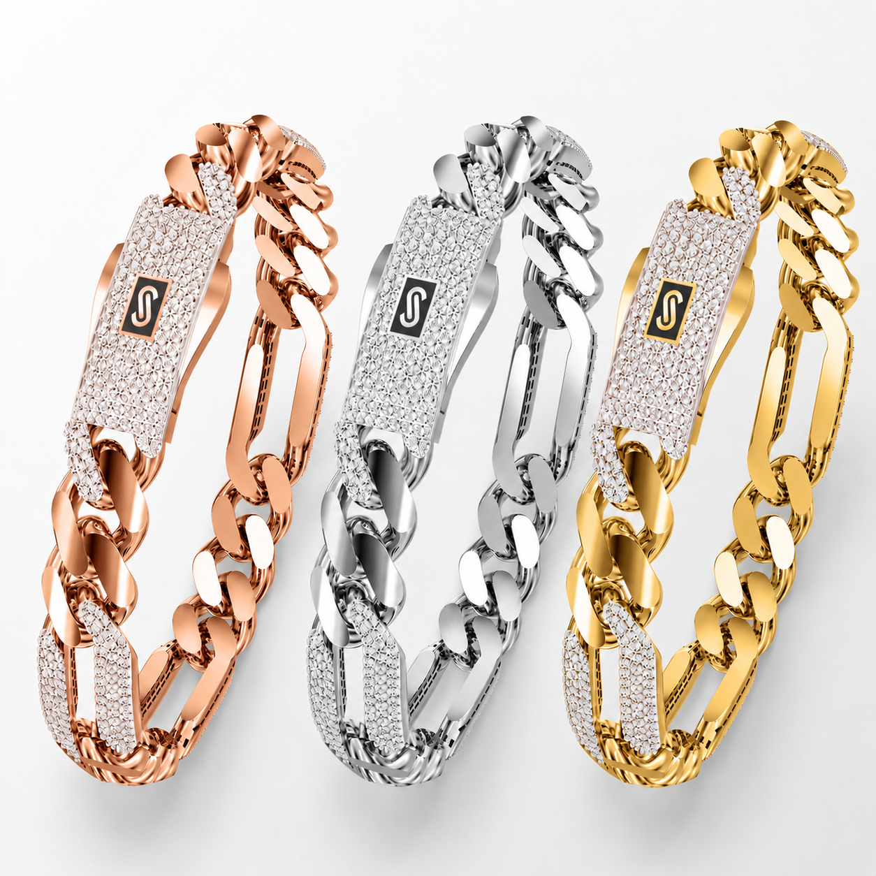 Men's Bracelet- Monaco Chain FIGARO Alternate Pavé