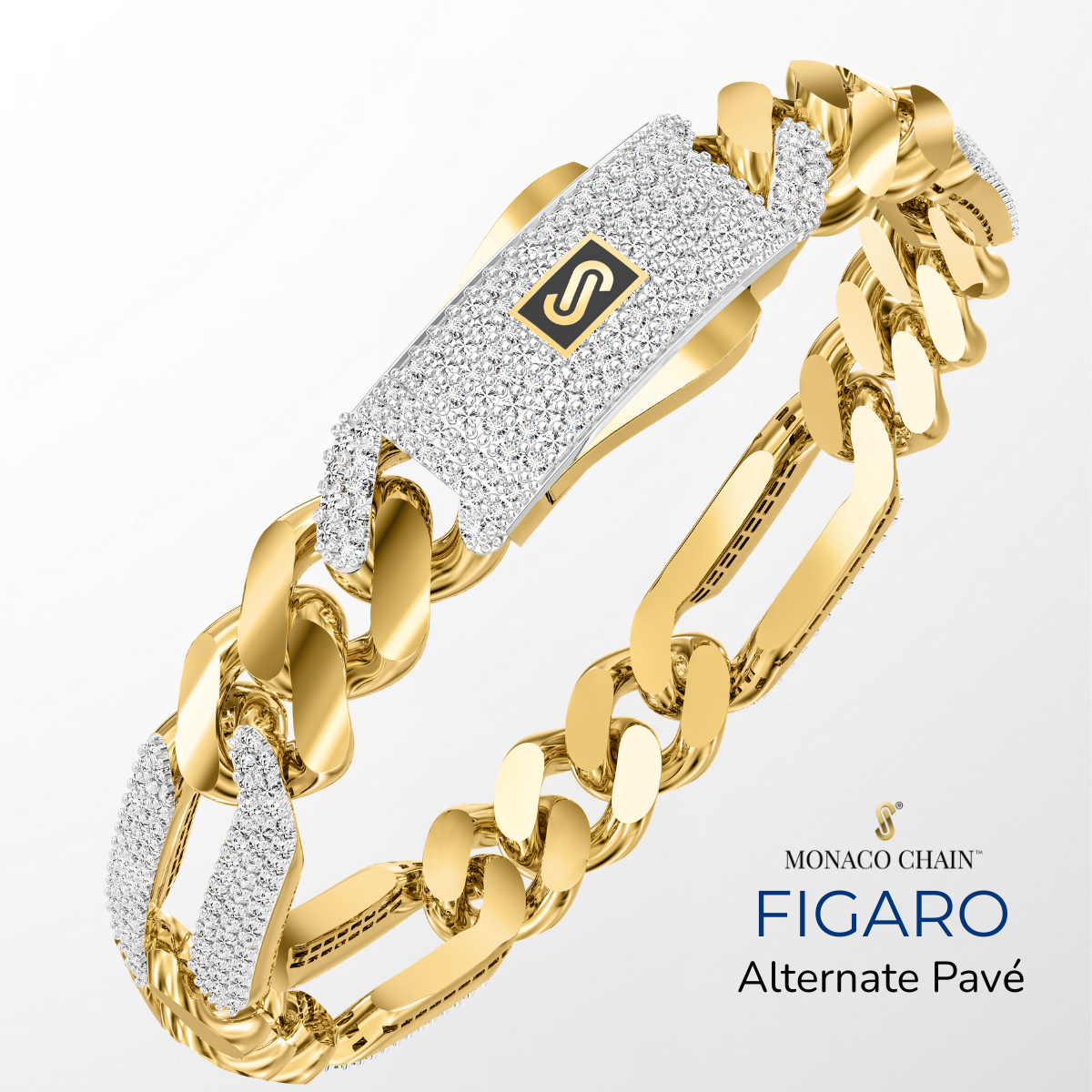 Women's Bracelet- Monaco Chain FIGARO Alternate Pavé