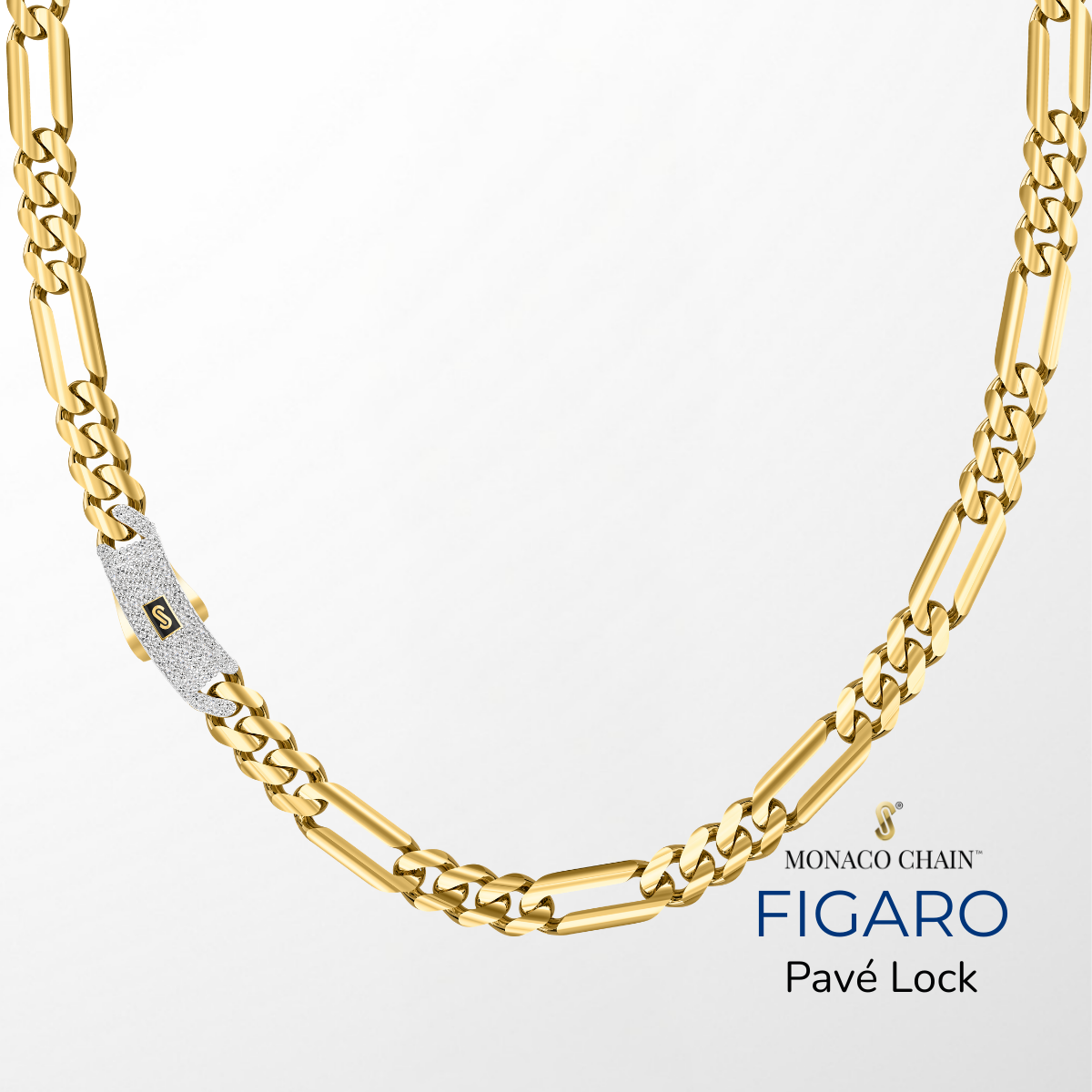 Women's Necklace/Choker - Monaco Chain FIGARO Pavé Lock