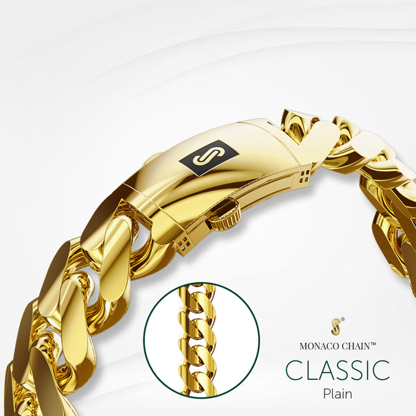 Men's Bracelet - Monaco Chain Classic Plain 10K & 14K Yellow Gold Oro Monaco